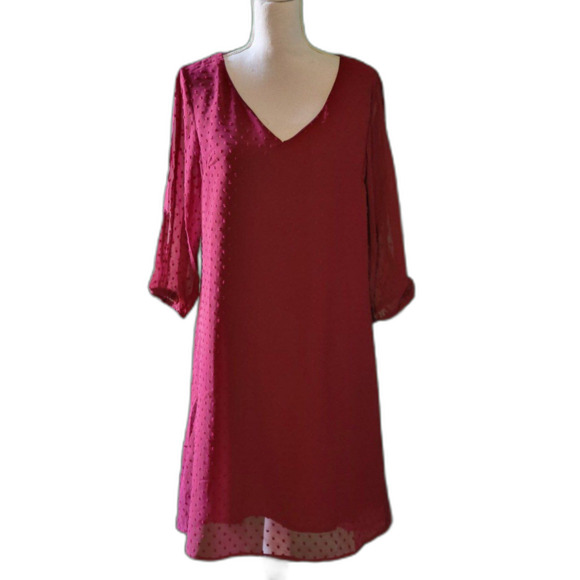 Yikomi Fushia Loose V Neck 3/4 Split Sleeve Flowy Shift Mini Party Dress Sz L - Picture 4 of 8